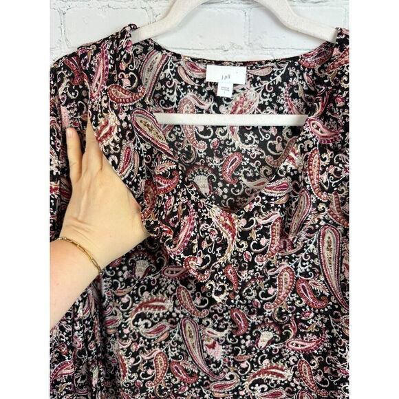 J.JILL black pink paisley rayon bishop sleeve frill swing blouse top L NWOT - Picture 3 of 9